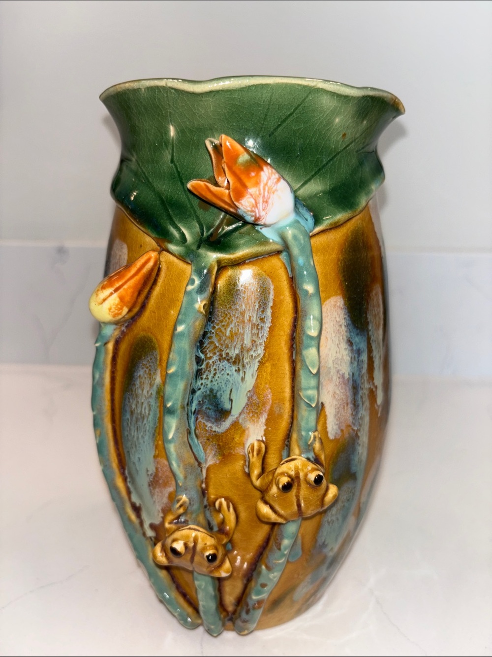 Majolica-Like Handcrafted Ceramic Vase in Green and Brown with Decorative Frogs
